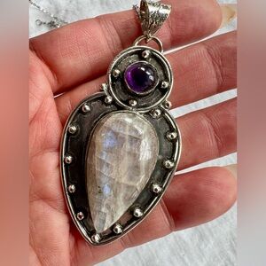 925 Heart + Solar Purple Flash PEACH MOONSTONE + Amethyst Necklace Pendant